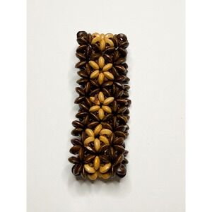 Handmade Wood Bead Stretch Bracelet | Wide Boho Statement | Earth Tone Floral